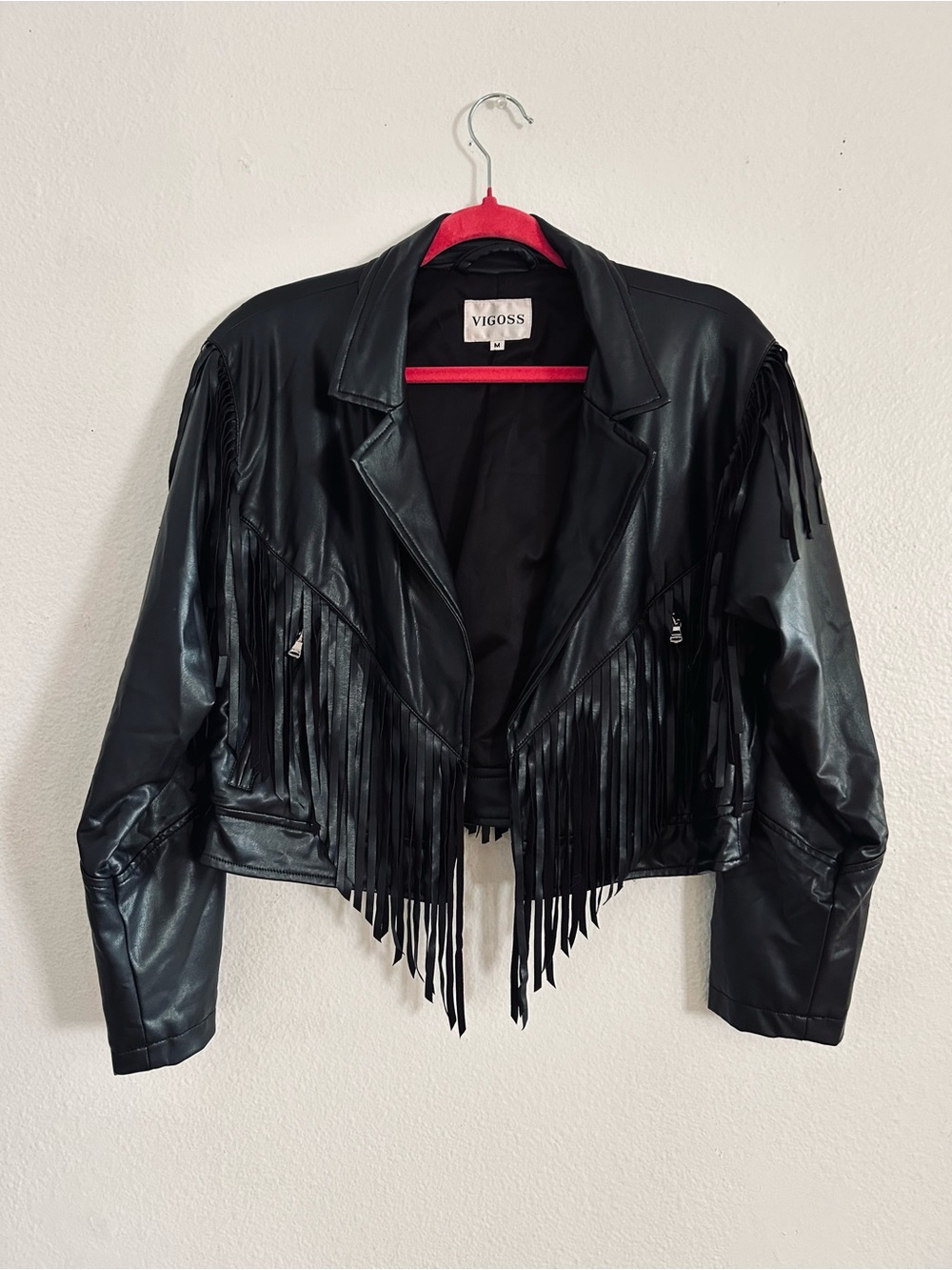 Vigoss Black Faux Leather Fringe Cropped Jacket